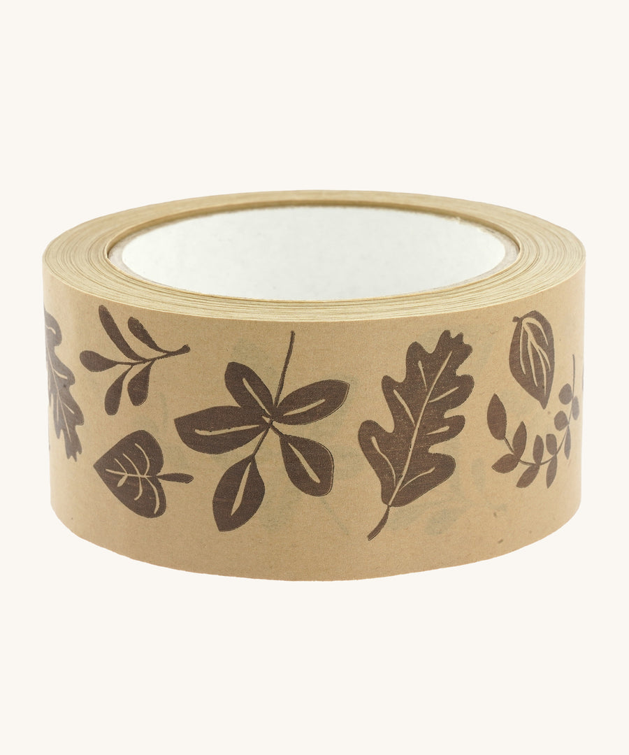 Babipur wide kraft eco paper tape in the brown leaves print on a cream background