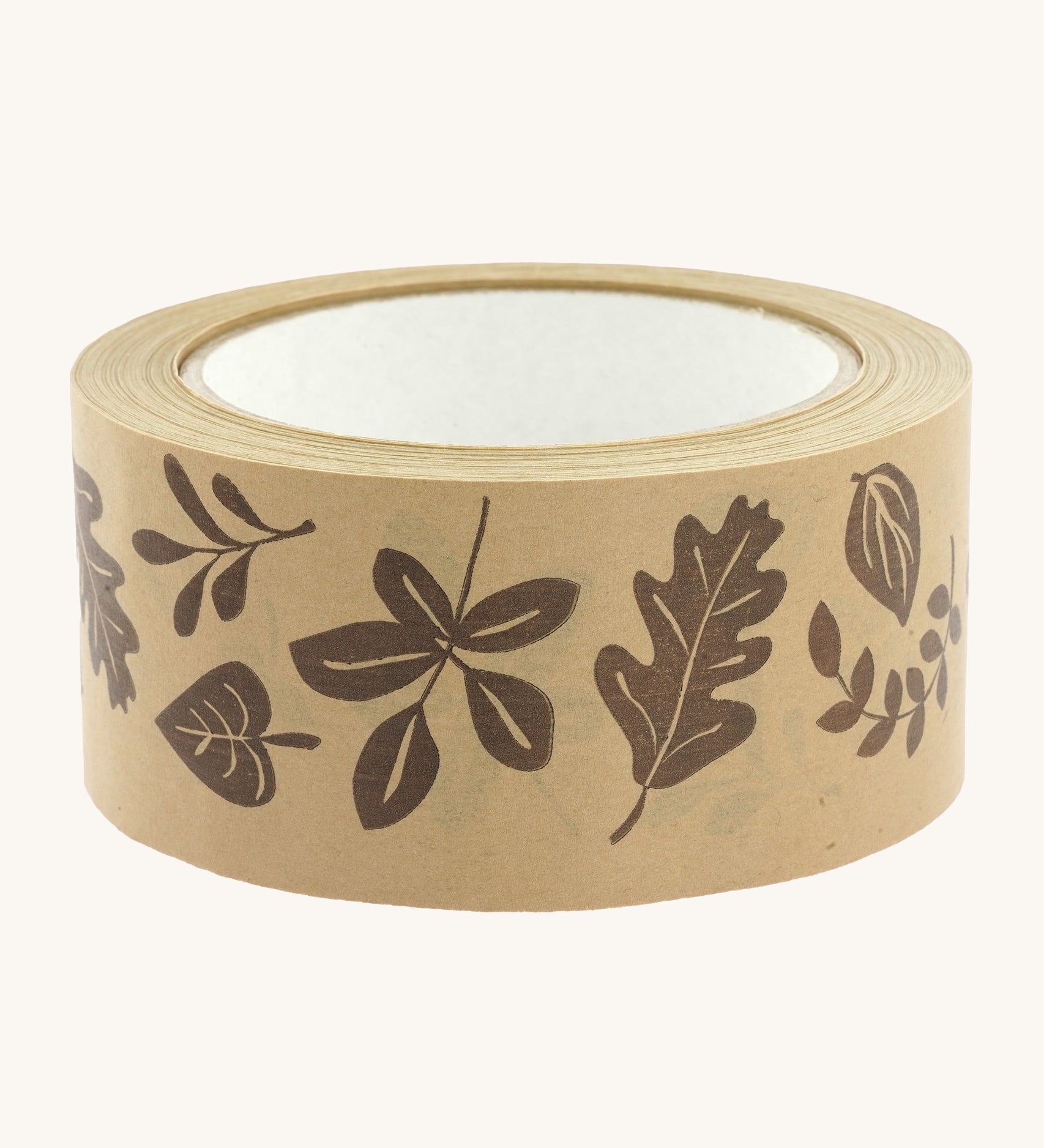 Babipur wide kraft eco paper tape in the brown leaves print on a cream background