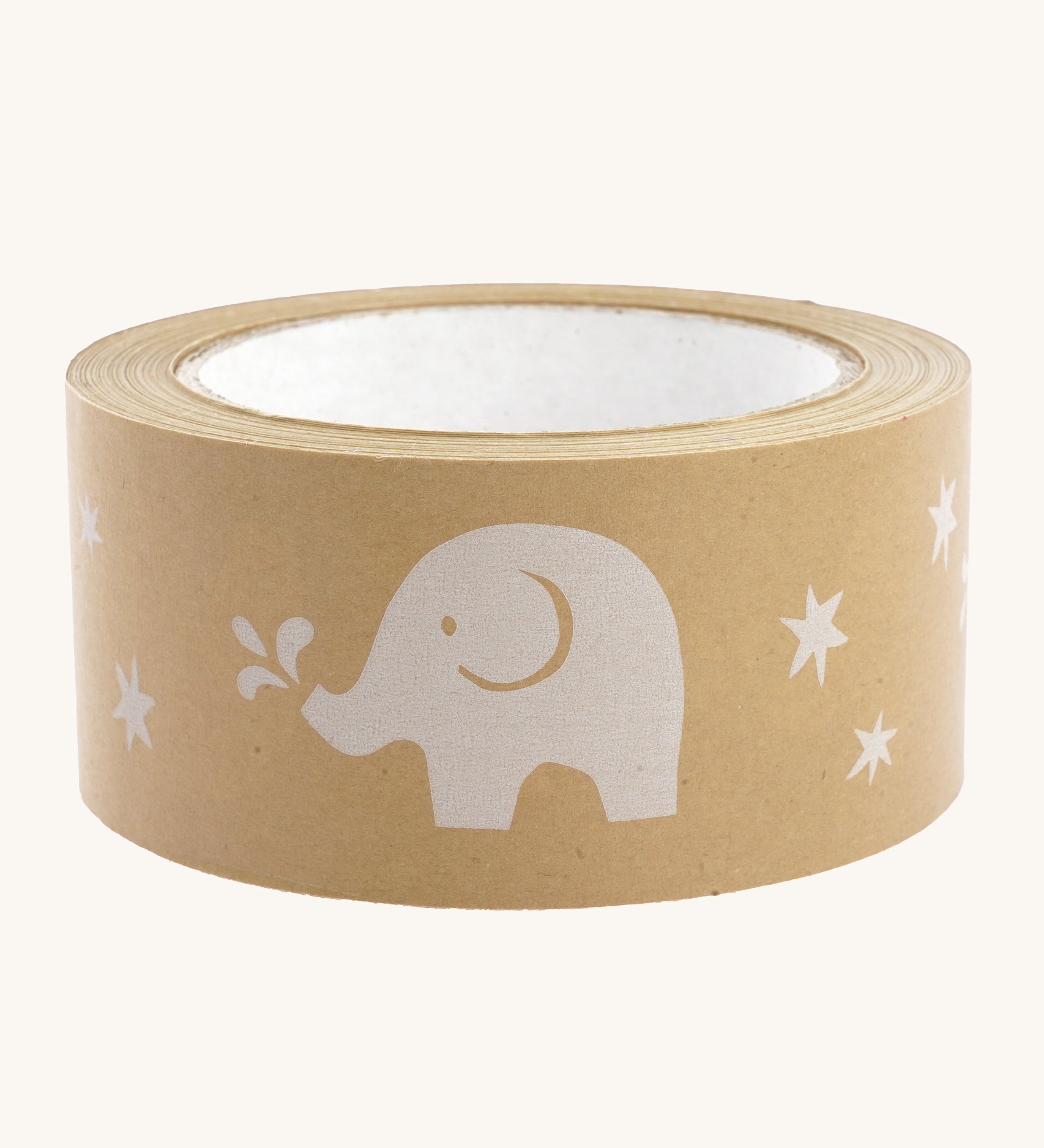 Babipur Wide Kraft Eco Paper Tape with white Elephant Print on a cream background