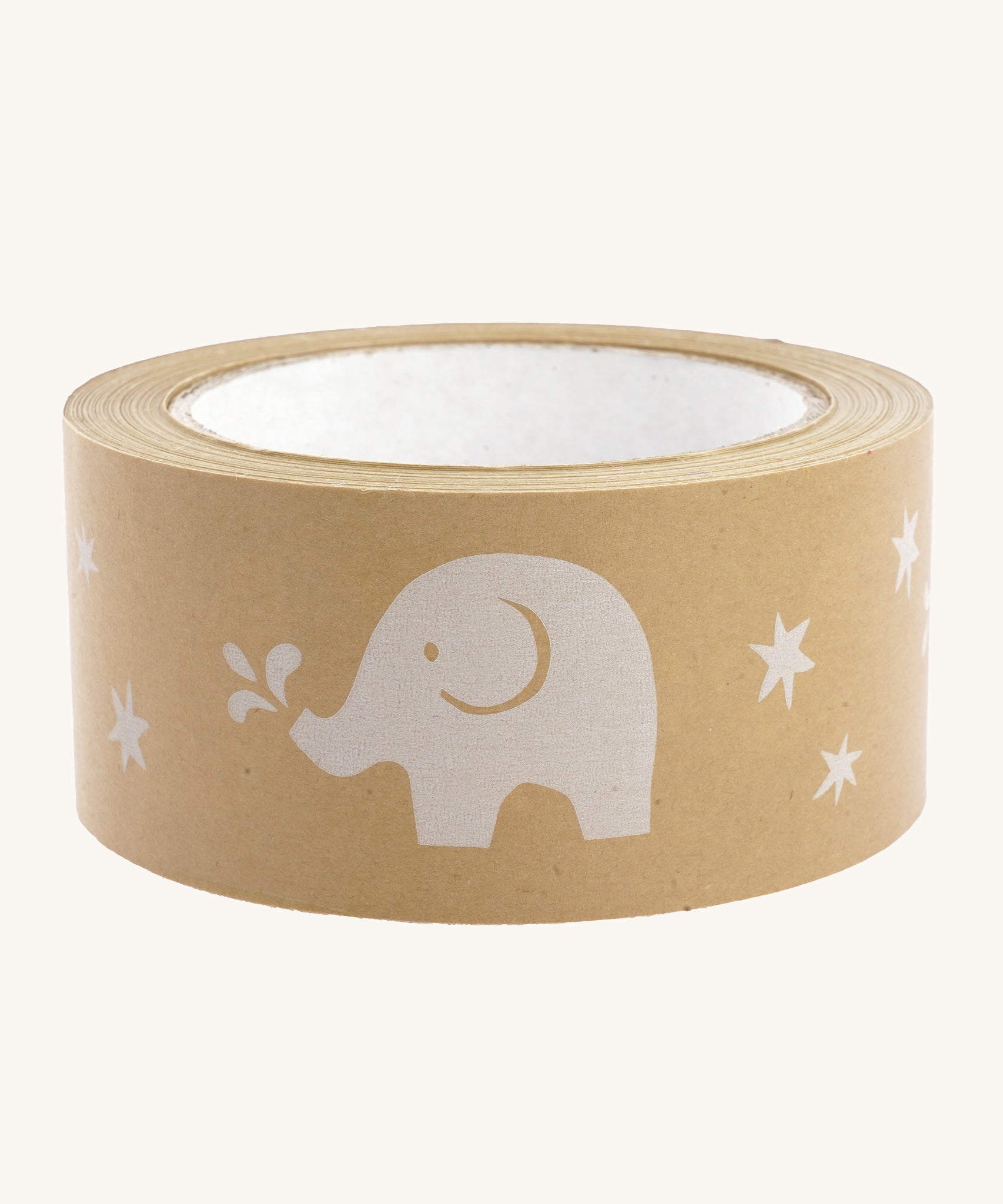 Babipur Wide Kraft Eco Paper Tape with white Elephant Print on a cream background