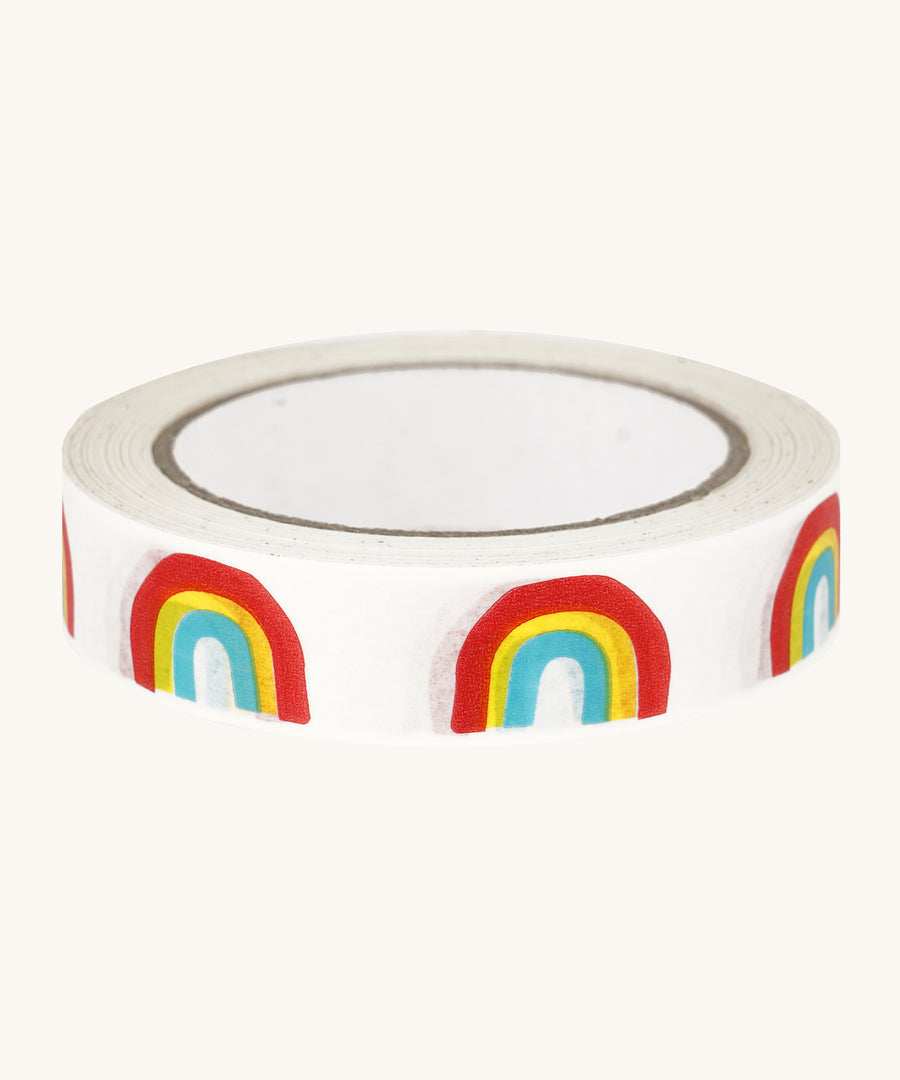 Babipur Eco Paper Tape - Rainbow. A white paper tape with colourful rainbow print, on a cream background