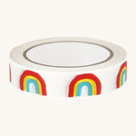 Babipur Eco Paper Tape - Rainbow. A white paper tape with colourful rainbow print, on a cream background