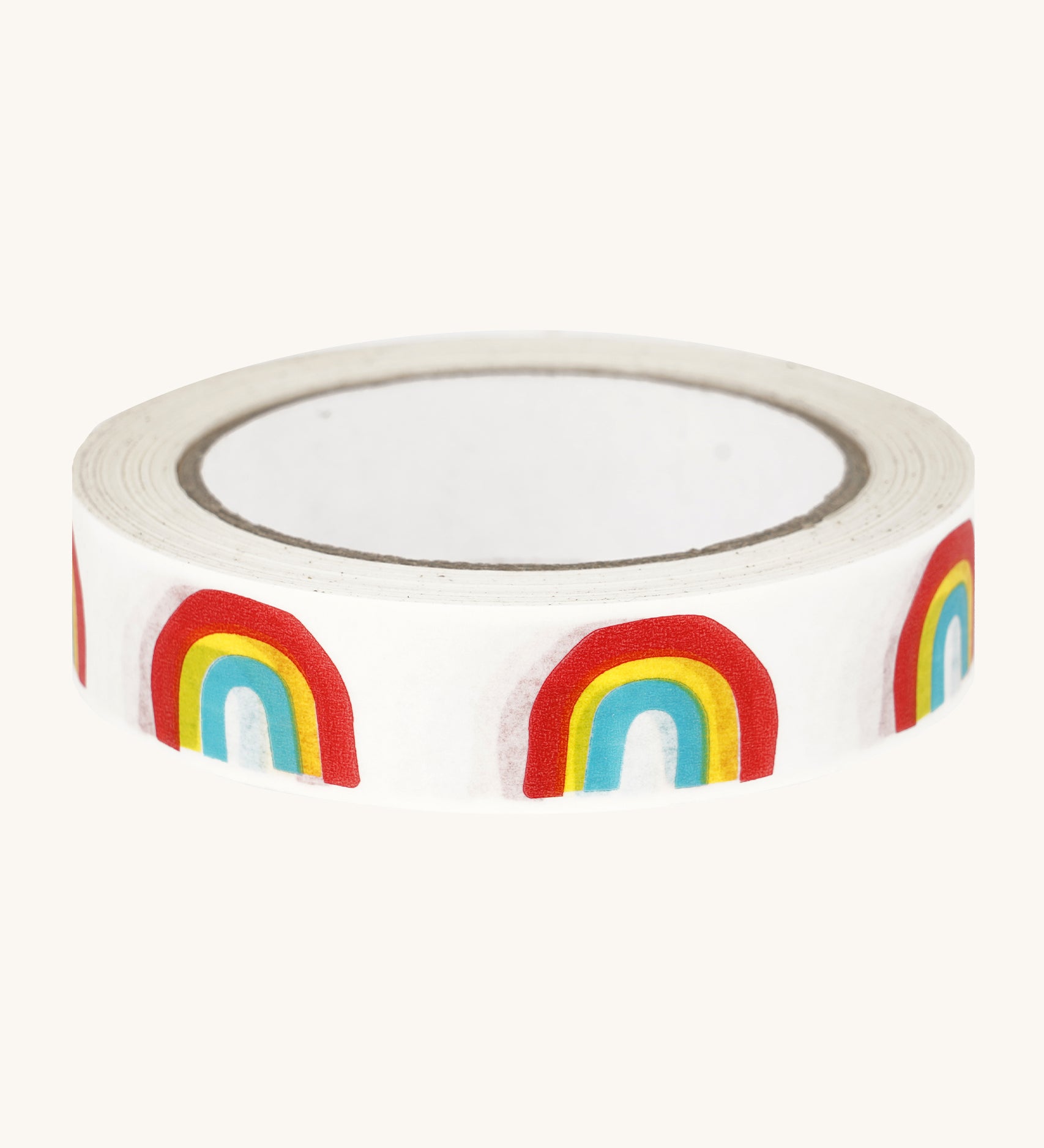 Babipur Eco Paper Tape - Rainbow. A white paper tape with colourful rainbow print, on a cream background