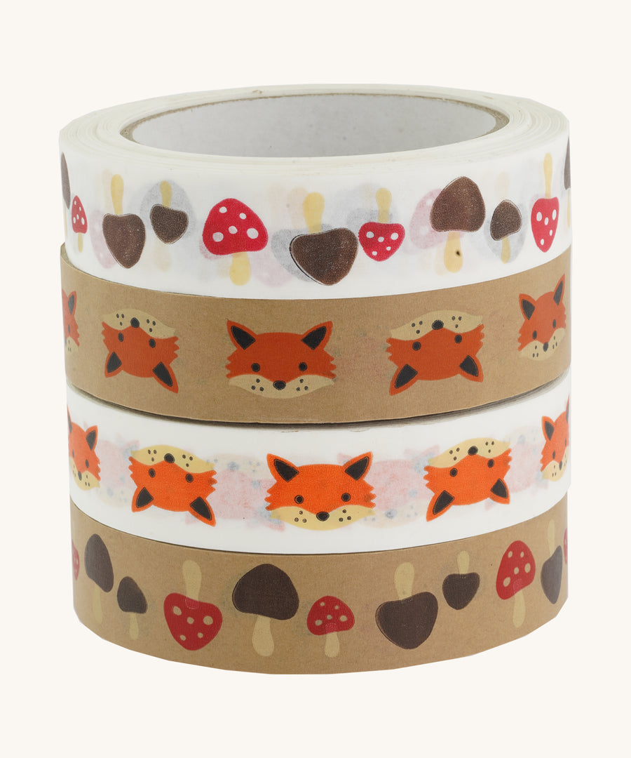 Babipur Kraft Eco Paper Tape - Fox, and Mushroom in a stack on a cream background