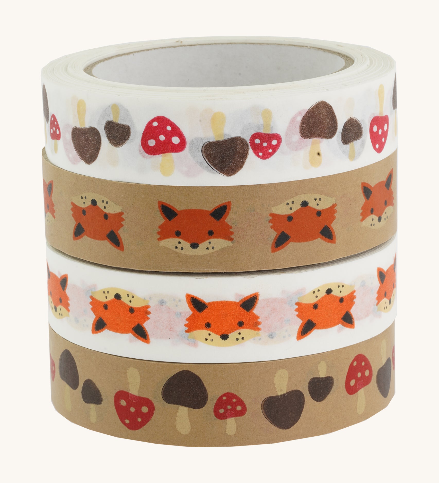 Babipur Kraft Eco Paper Tape - Fox, and Mushroom in a stack on a cream background