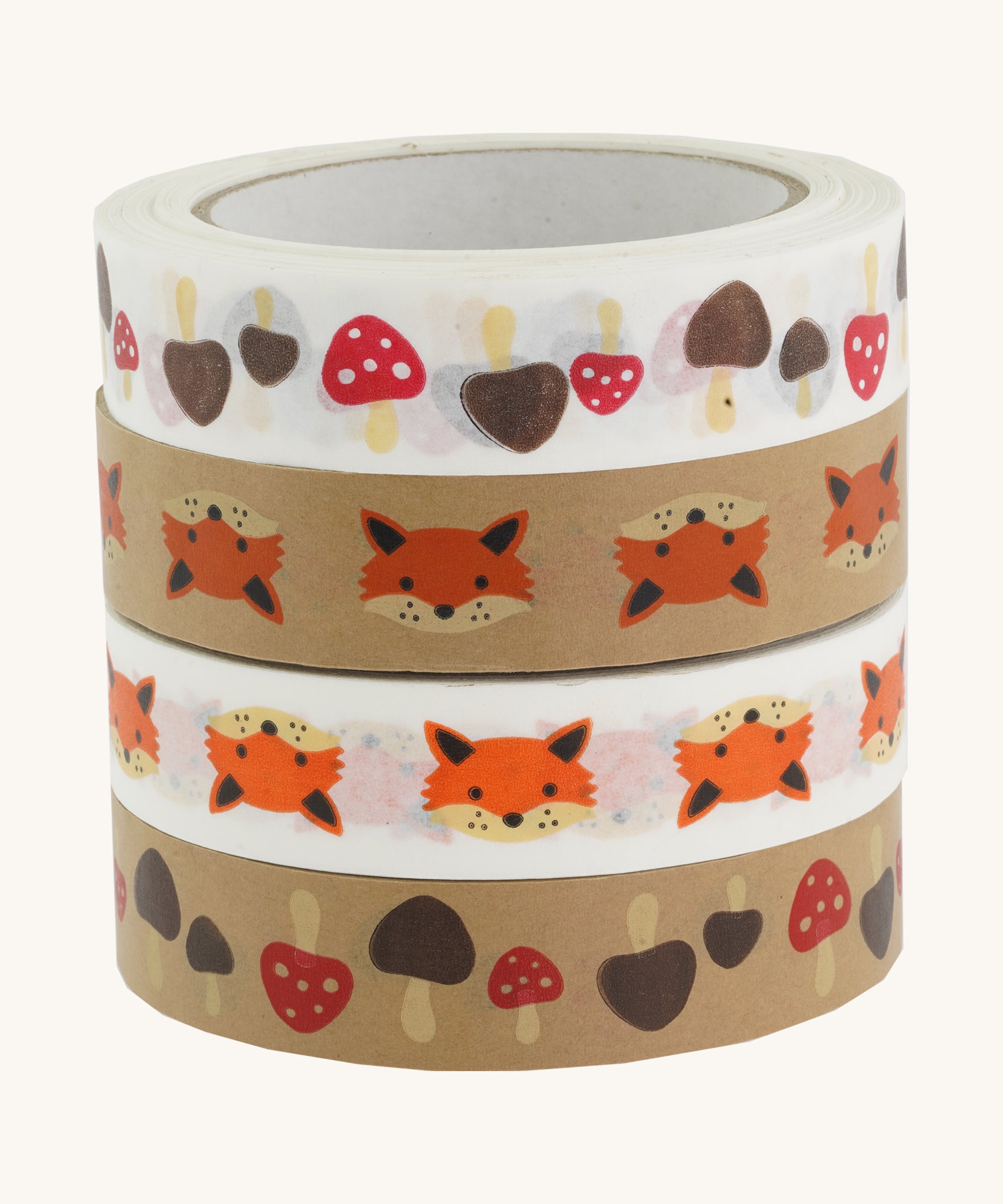 Babipur Kraft Eco Paper Tape - Fox, and Mushroom in a stack on a cream background