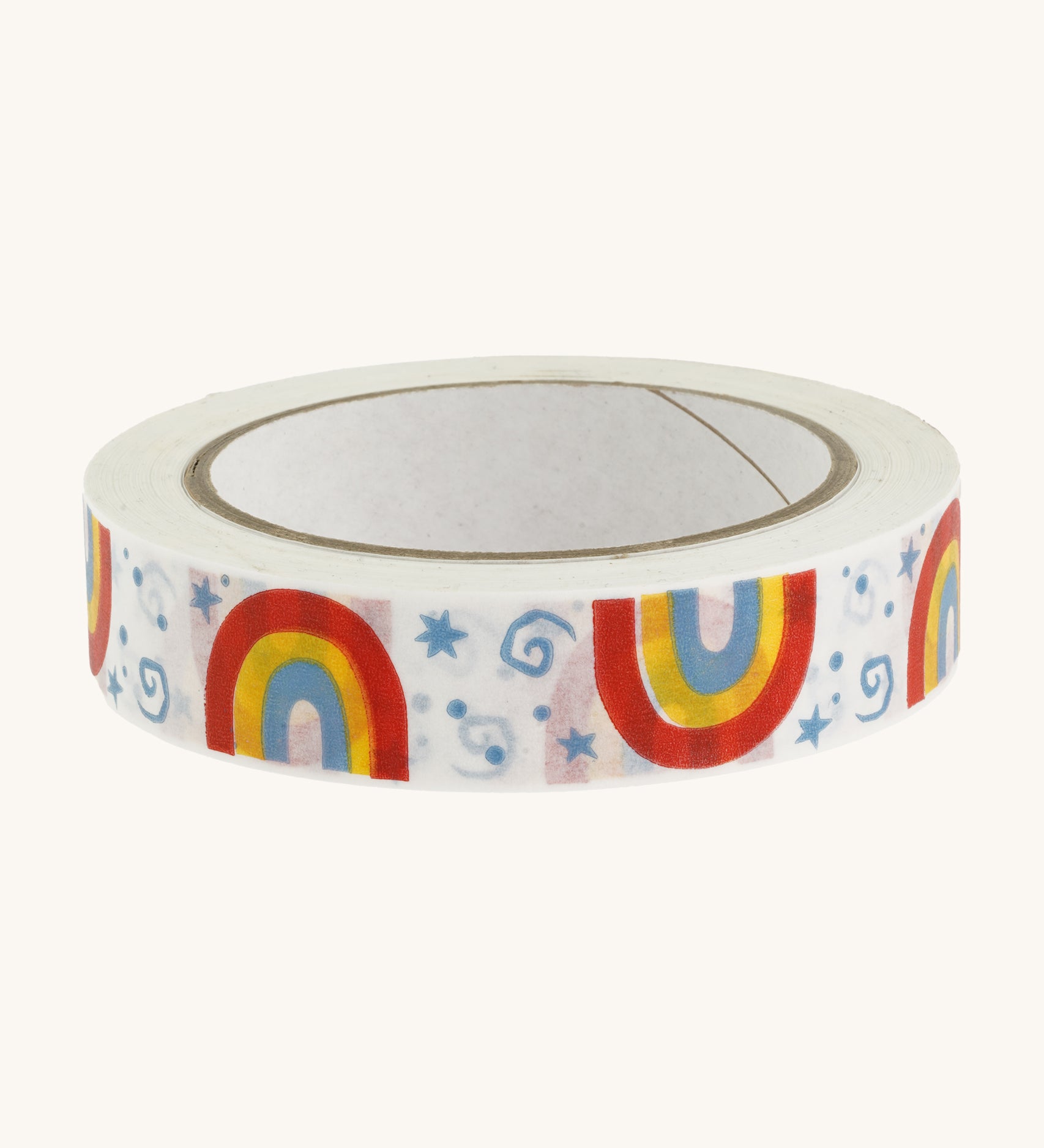 Paper tape with rainbows and stars on a cream background.