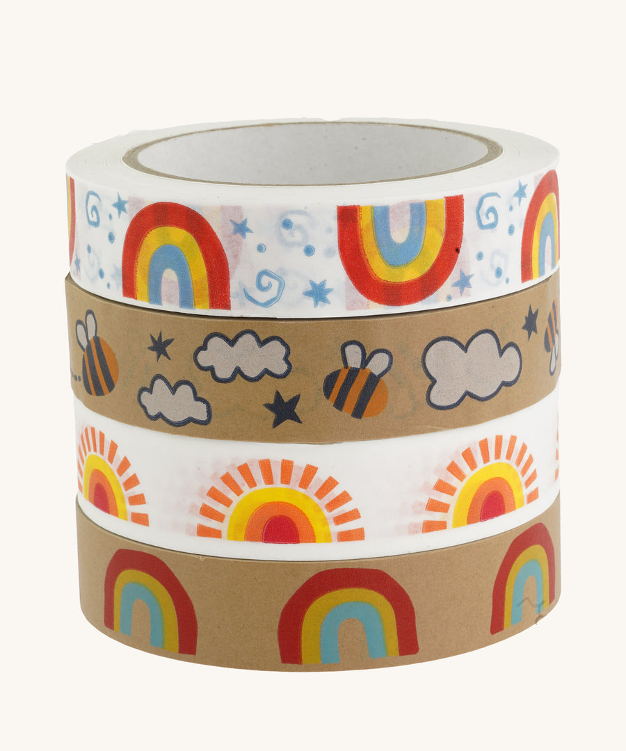 A stack of patterned paper tape on a cream background.