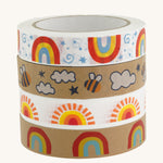 A stack of patterned paper tape on a cream background.