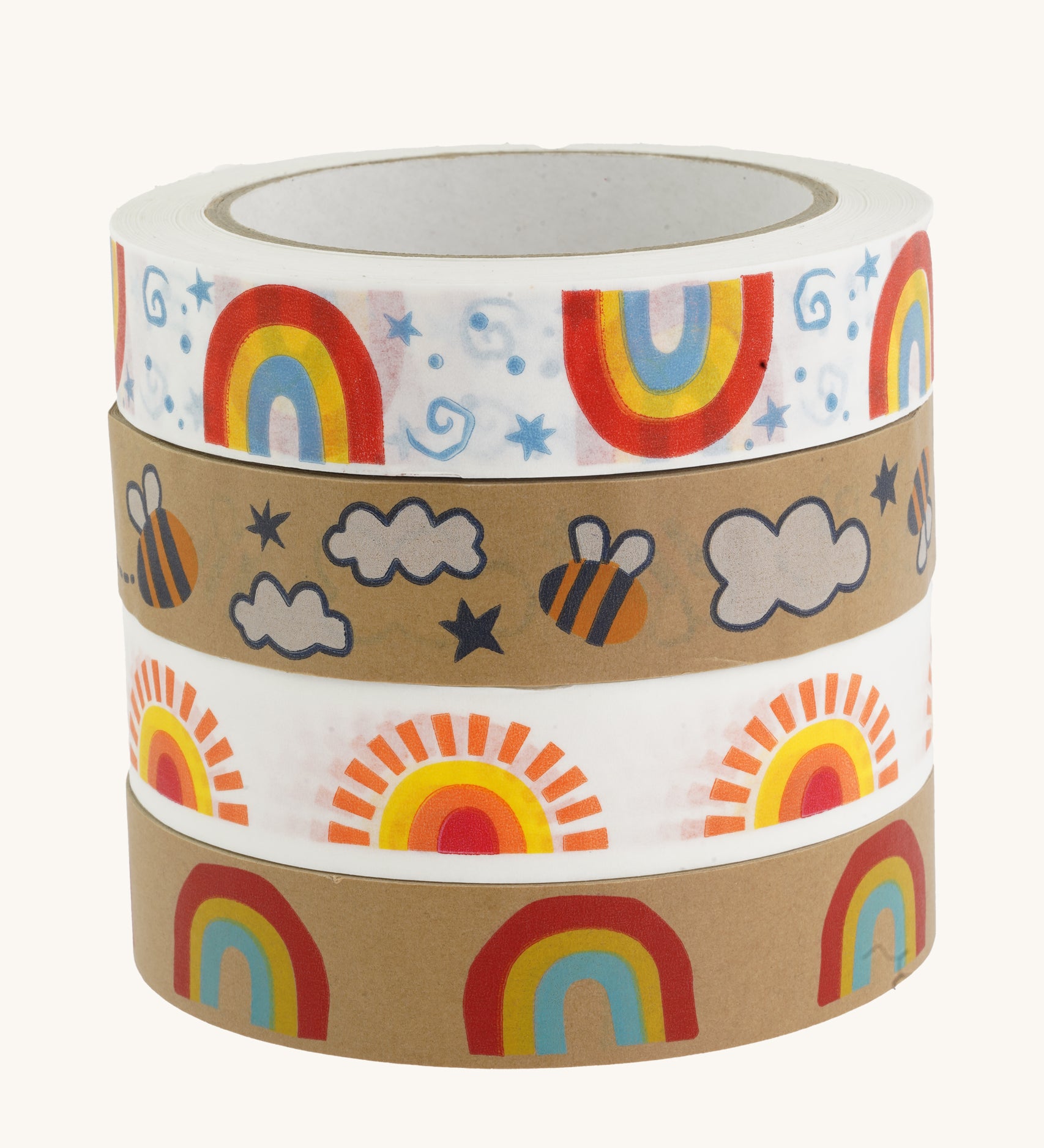 A stack of patterned paper tape on a cream background.