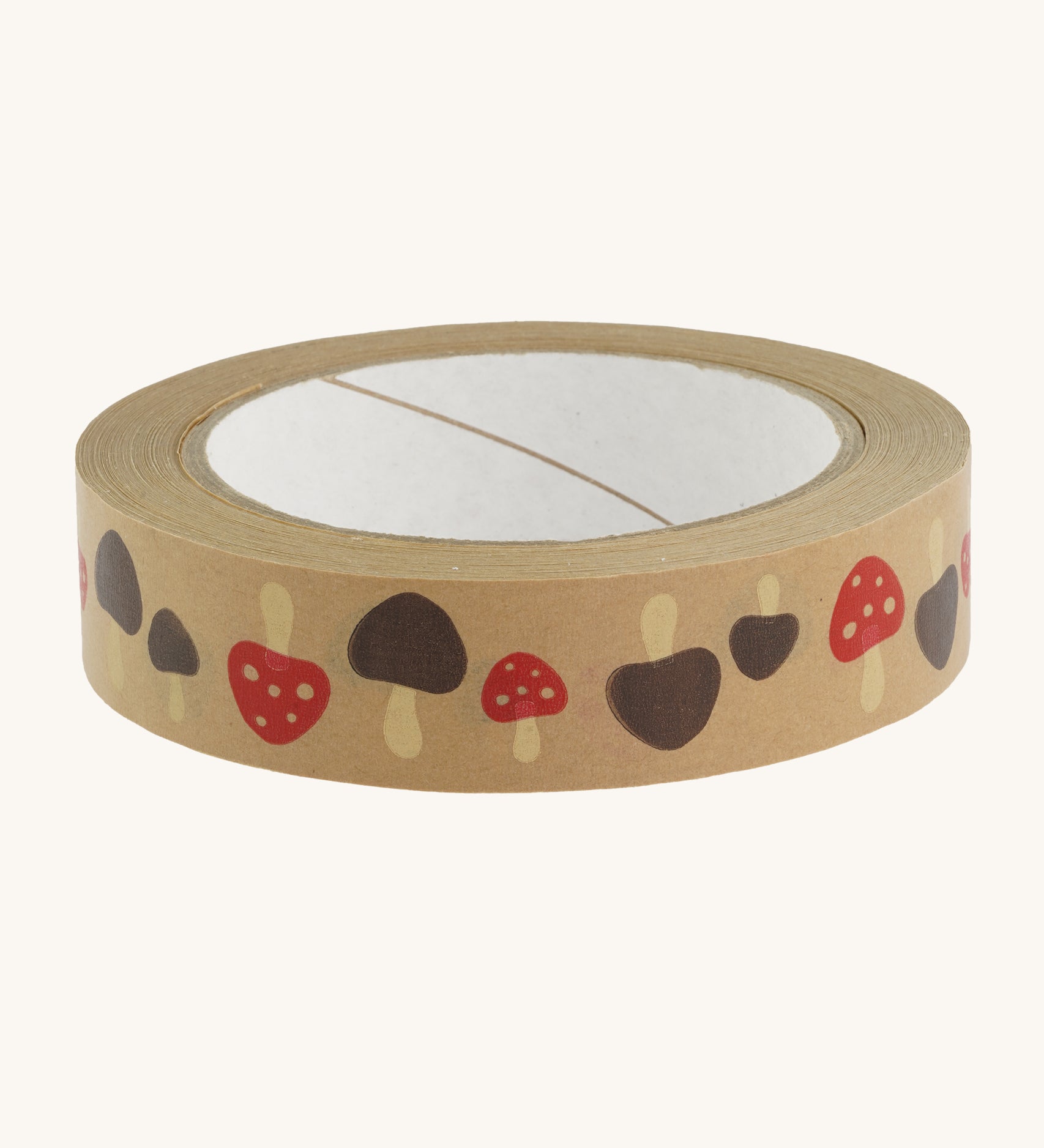 Brown paper tape with toadstool pattern on cream background.