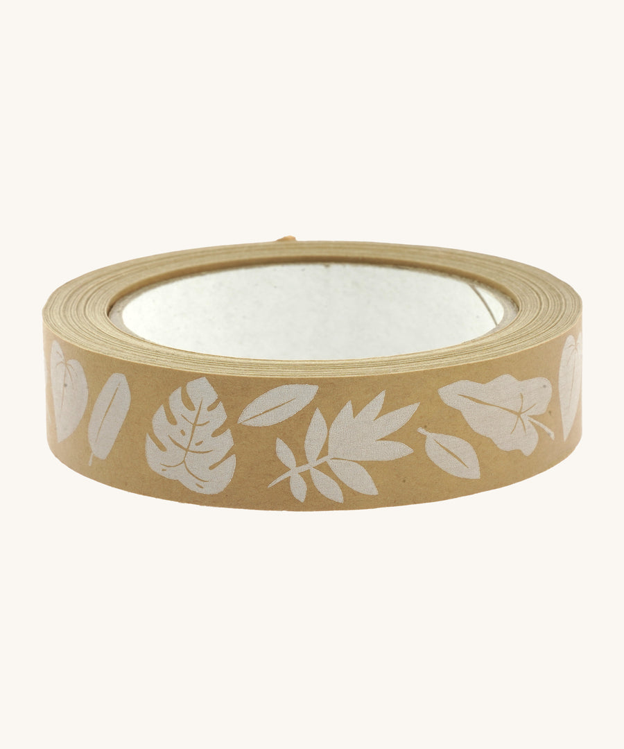 Babipur kraft eco paper tape in the white leaves print on a white background