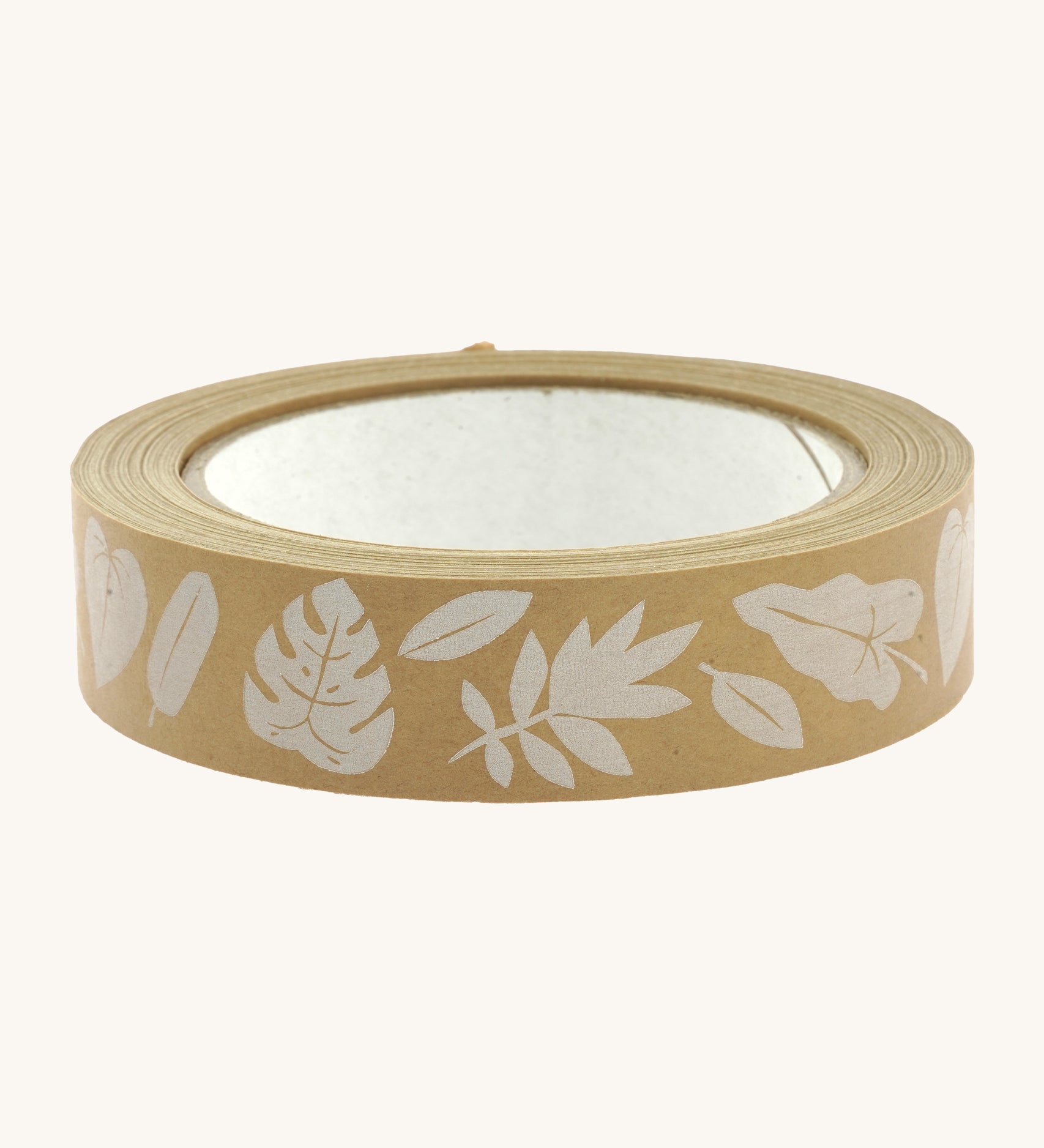 Babipur kraft eco paper tape in the white leaves print on a white background