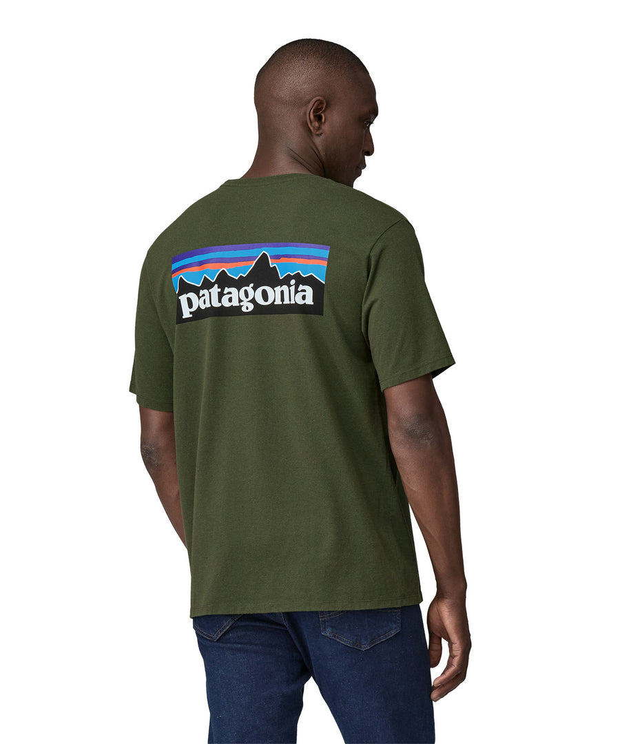 Organic Cotton Patagonia t-shirt in dark green, being worn by an adult. On the back is a large Patagonia mountain range logo