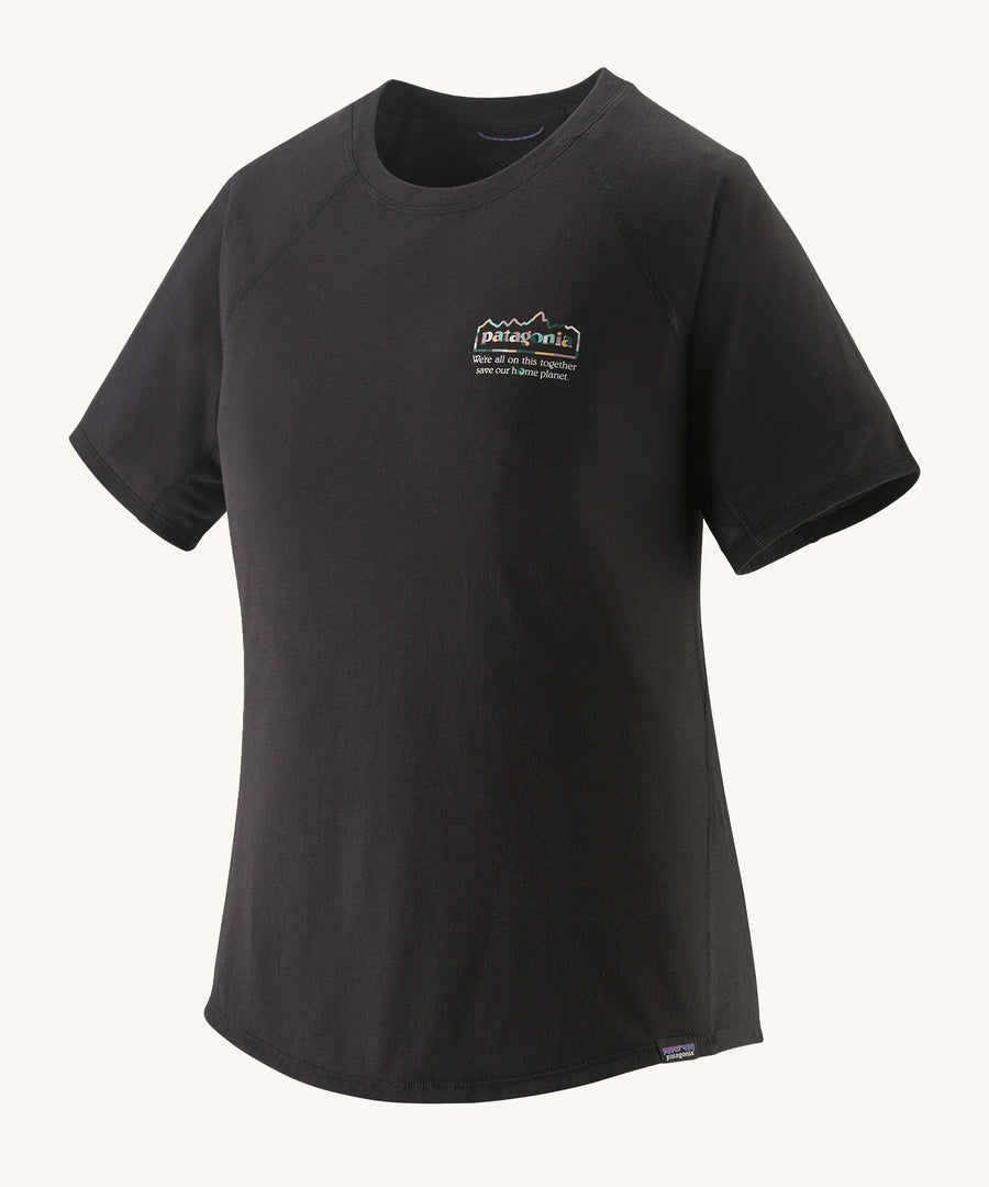 Patagonia Women's Capilene Cool Trail Graphic Shirt - Black. A Black organic cotton top with a small Patagonia logo on the chest