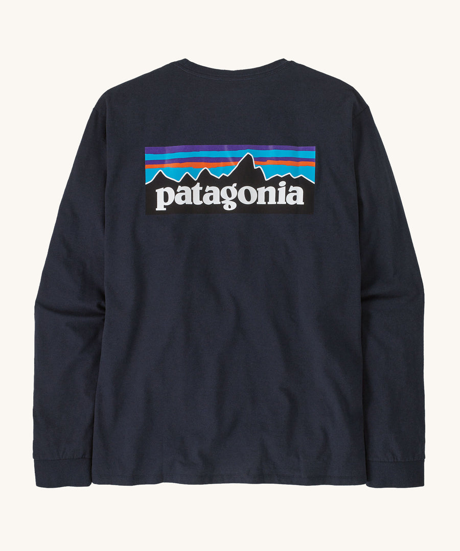 Patagonia L/S P-6 Logo Responsibili-Tee - New Navy with the Patagonia mountain range logo on the back