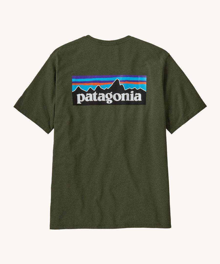 Patagonia Men's Tee - Torrey Pine Green. A dark green t-shirt made form organic cotton, with the Patagonia mountain range logo on the back