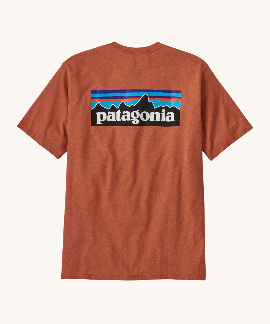 Patagonia Men's P-6 Logo Responsibili-Tee - Redtail Rust. A burnt orange coloured short sleeve t-shirt with the Patagonia mountain range logo on the back