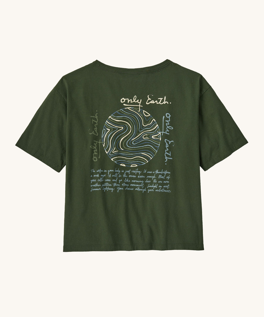 Patagonia Women's Easy Cut Organic T-Shirt - Pine Green. A dark green, organic cotton t-shirt with a lovely poem written on the back, and a circular pattern above it to represent earth