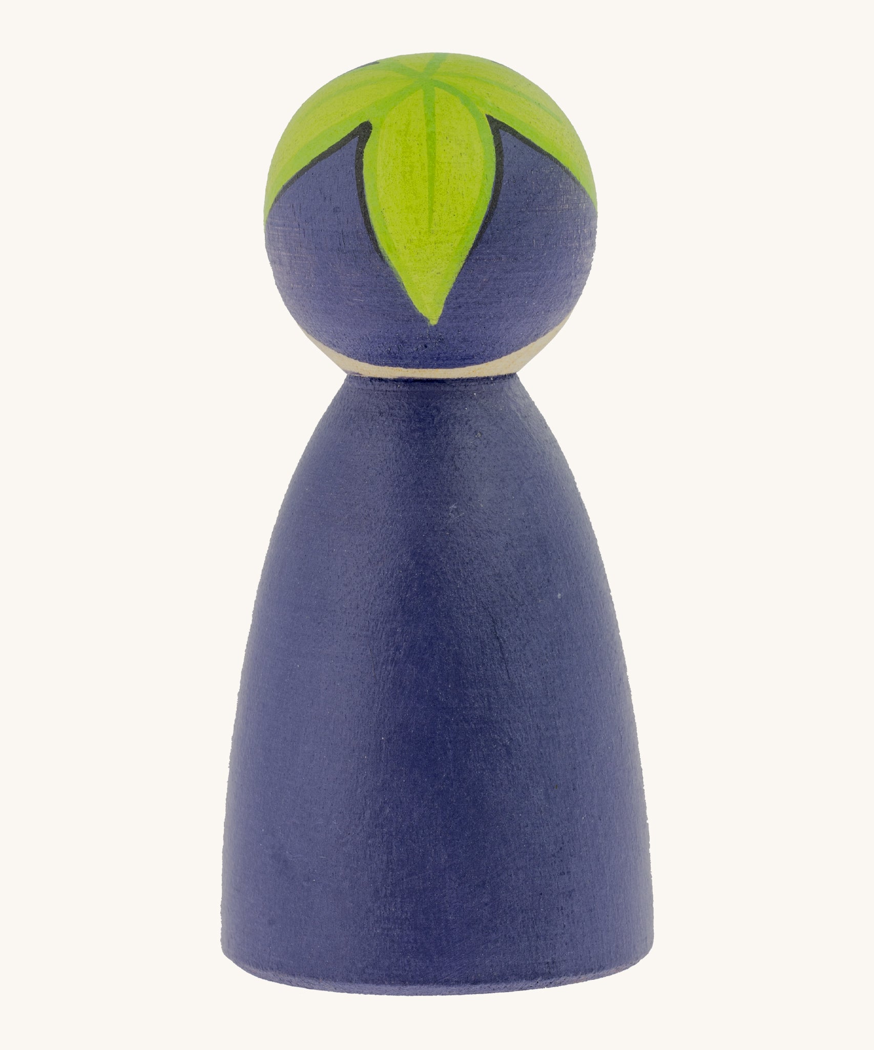 The back of the Peepul Aubergine Peg Doll, showing the hand painted purple peg doll body, and the green hand painted leaves on top of its head. The image is on a cream background