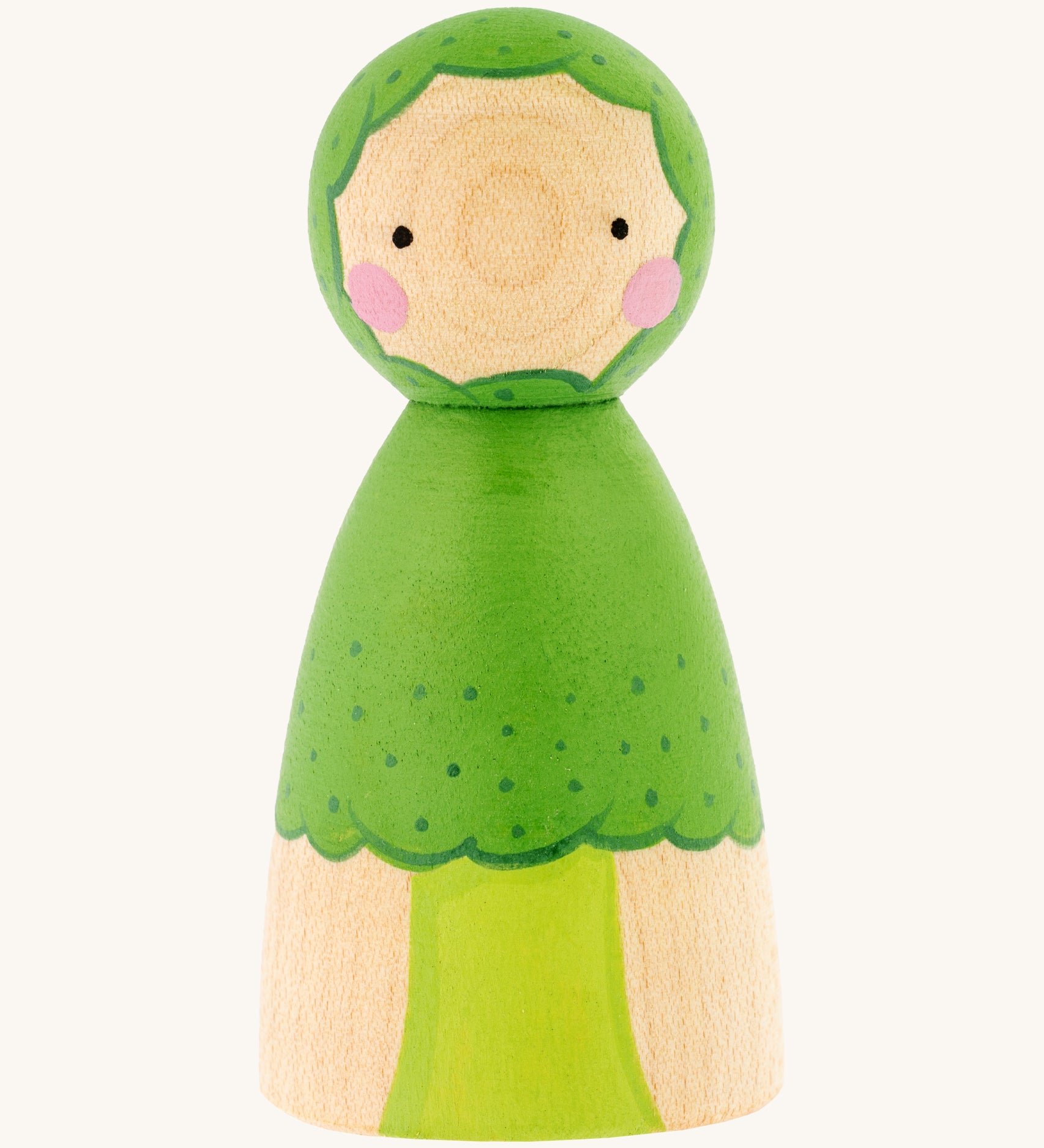 Peepul plastic-free handmade wooden broccoli peg doll toy, is a lovely bright green colour and is on a cream background. The body of the peg doll shows a painted broccoli stem and floret, and the face had two small black dot eyes, and two pink rosy cheeks.