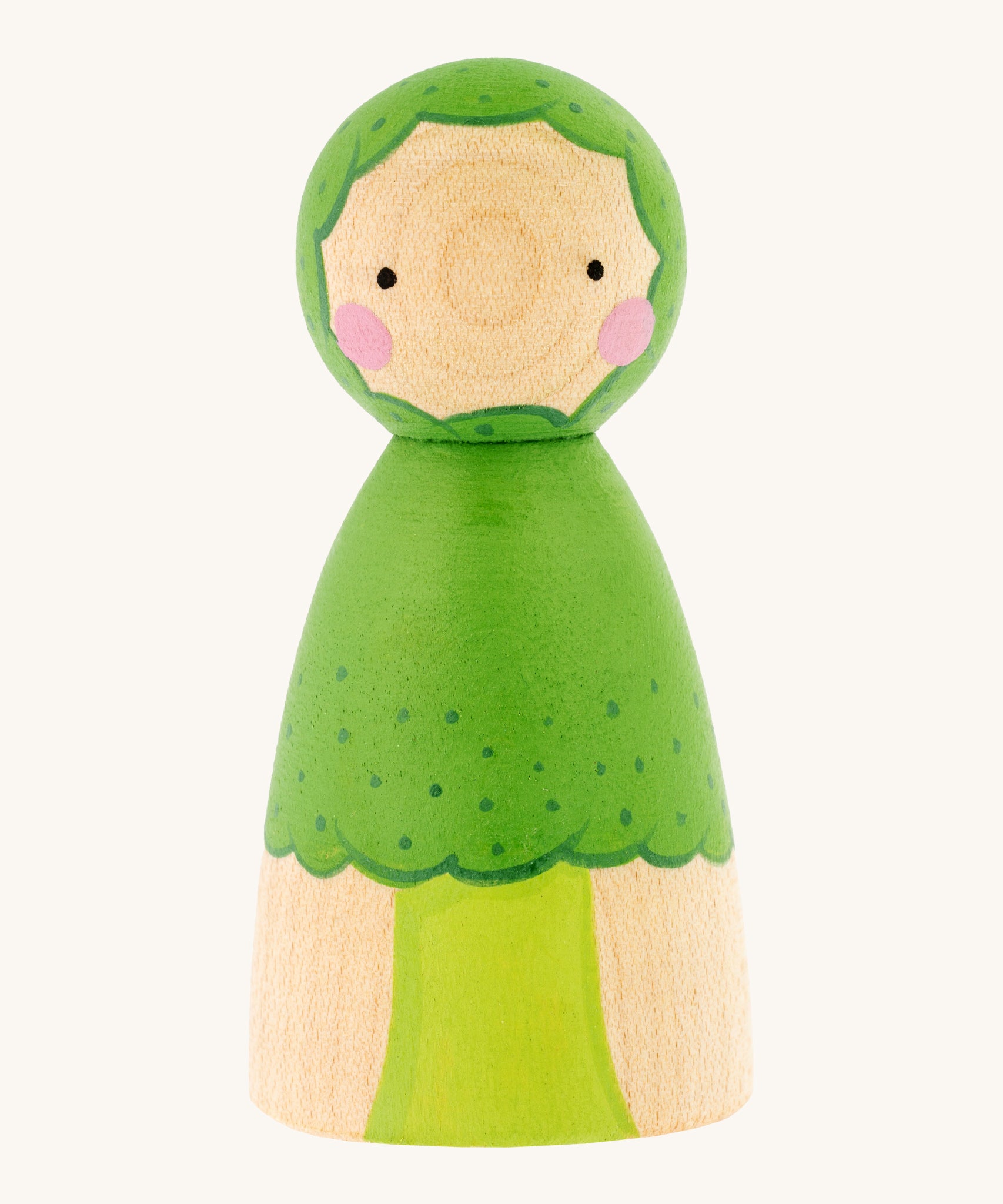 Peepul plastic-free handmade wooden broccoli peg doll toy, is a lovely bright green colour and is on a cream background. The body of the peg doll shows a painted broccoli stem and floret, and the face had two small black dot eyes, and two pink rosy cheeks.