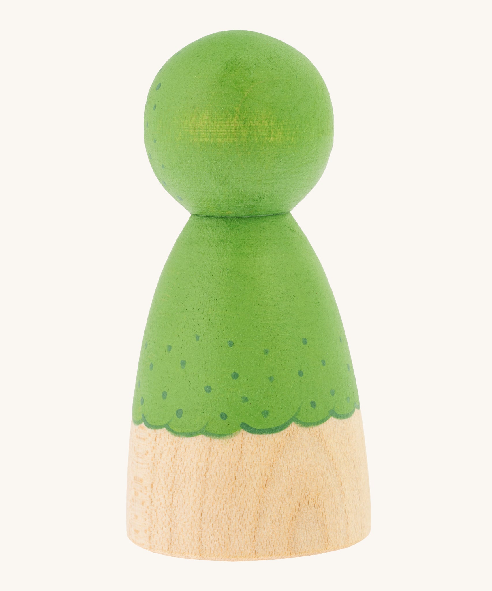 The back of the Peepul handmade wooden broccoli peg doll toy, in green, on a cream background