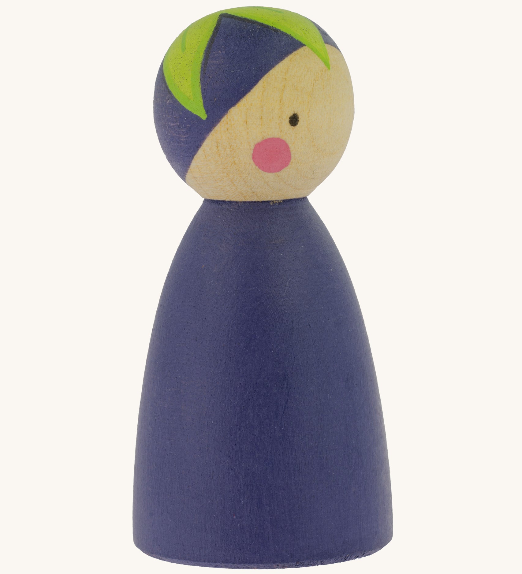 A side view of the Peepul Aubergine Peg Doll showing more of the hand painted green leaf on the top of the figure. The image is on a cream background