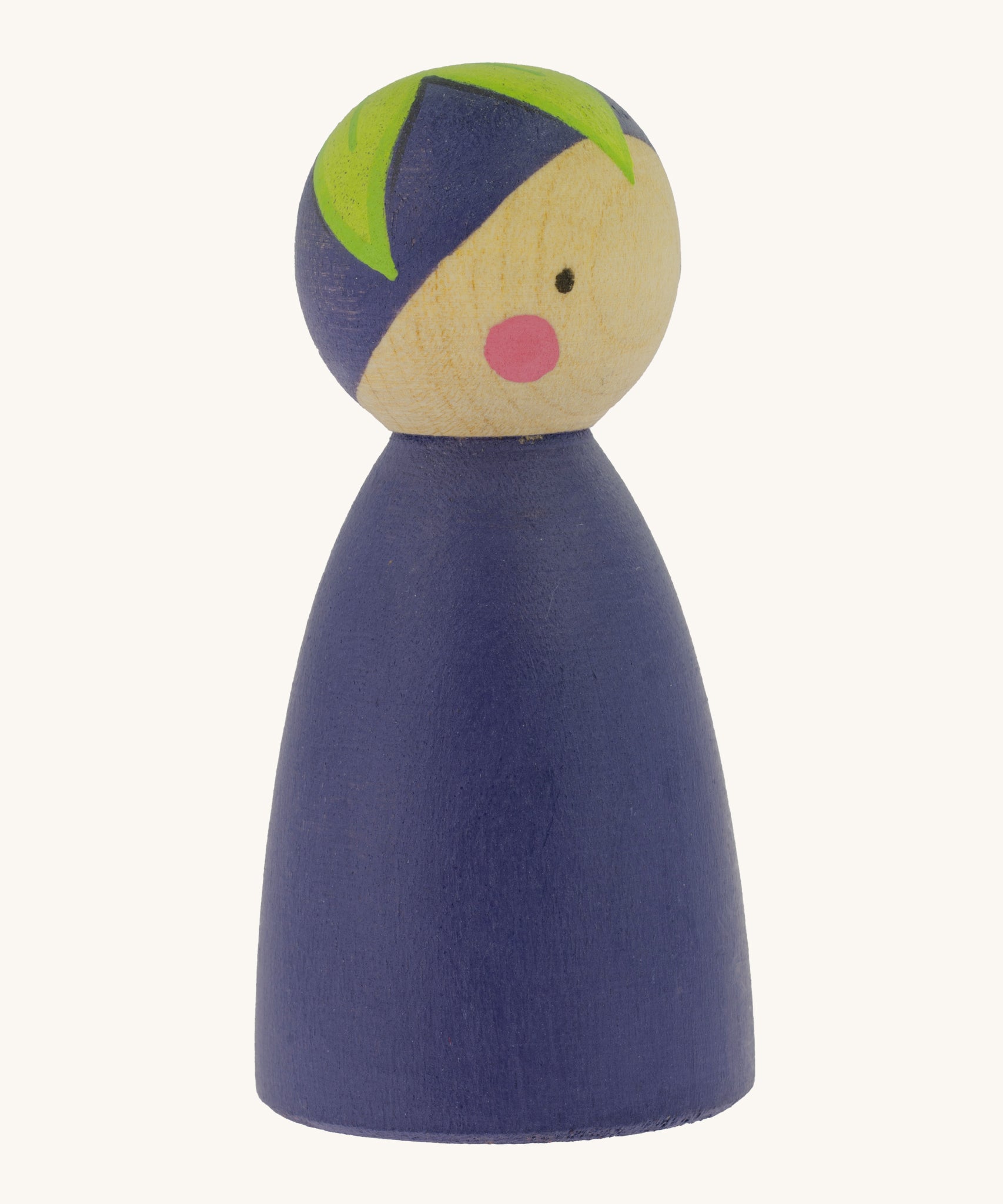 A side view of the Peepul Aubergine Peg Doll showing more of the hand painted green leaf on the top of the figure. The image is on a cream background