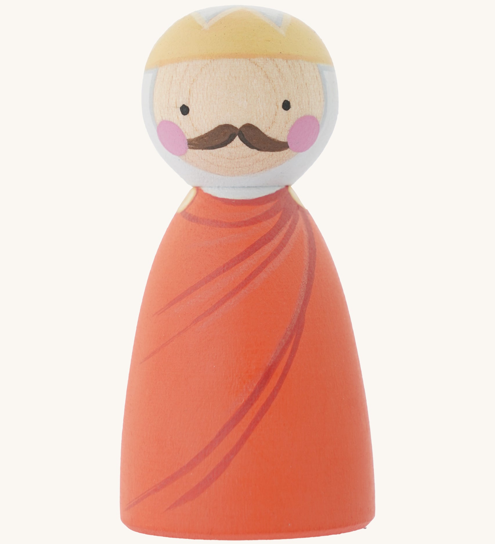 The Peepul wooden peg doll, Llywelyn Fawr has a orange hand painted cape and gold crown, two small black dot eyes, a brown mustache and two pink rosy cheeks. The image is on a cream background