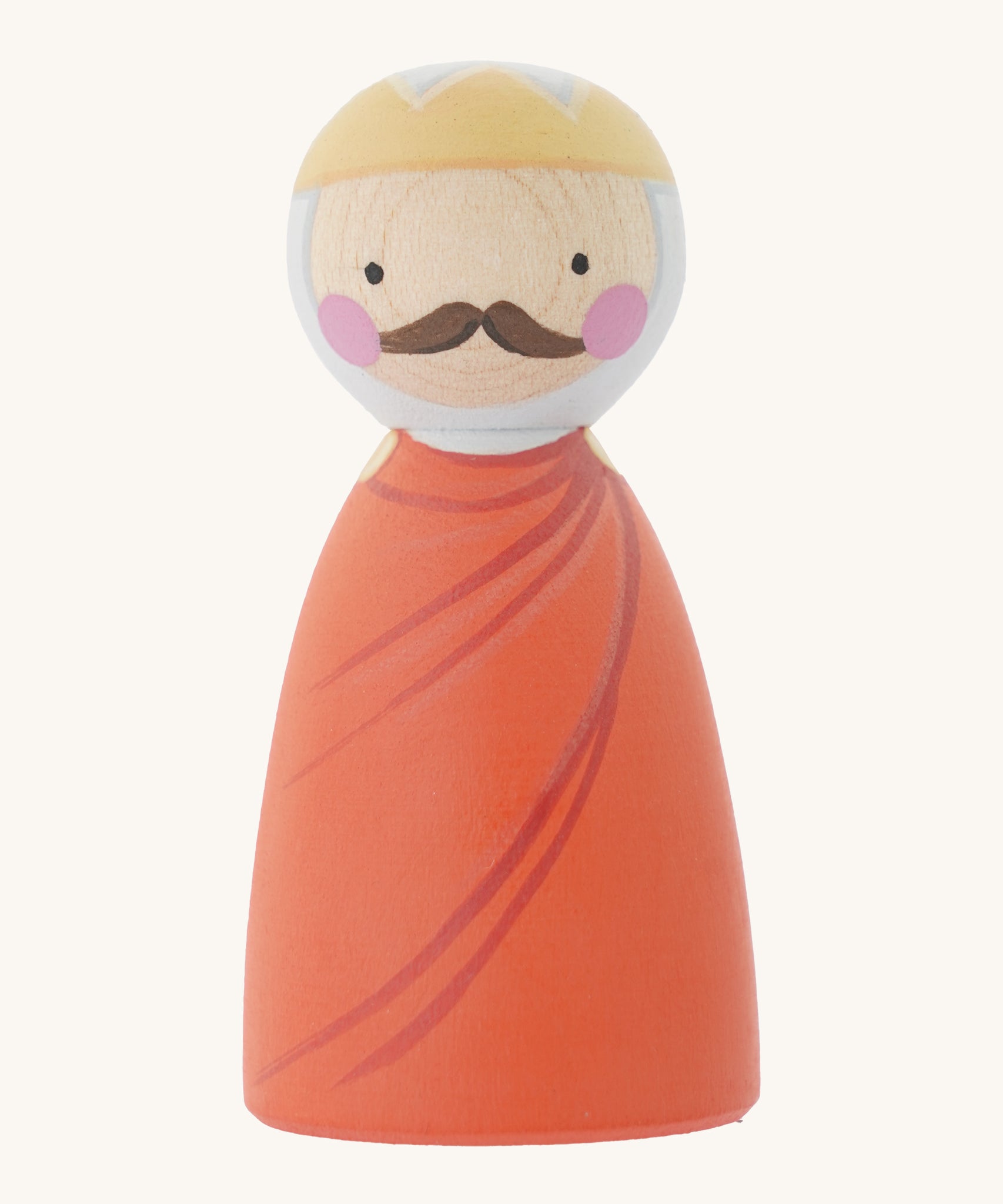 The Peepul wooden peg doll, Llywelyn Fawr has a orange hand painted cape and gold crown, two small black dot eyes, a brown mustache and two pink rosy cheeks. The image is on a cream background