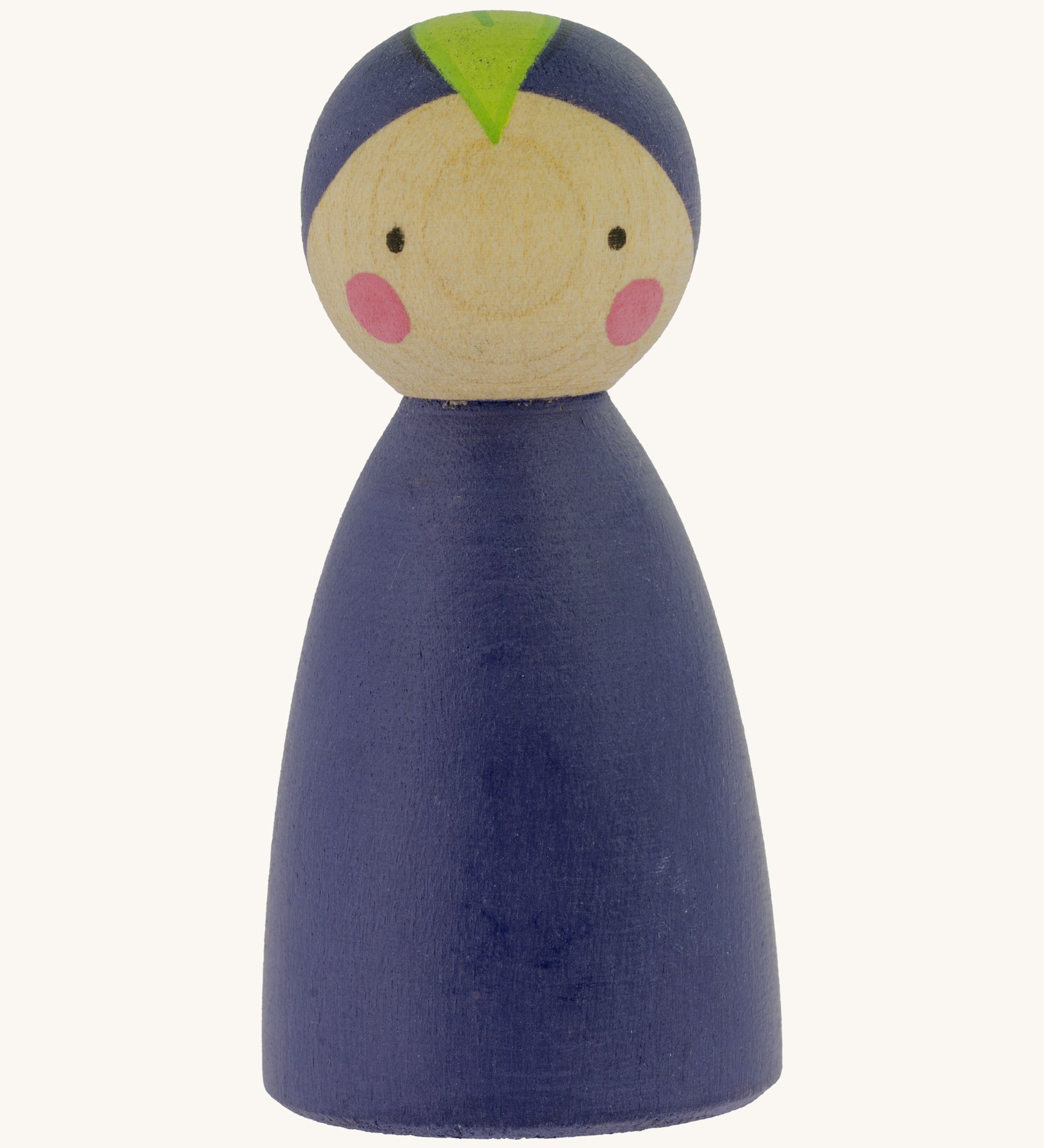 Peepul Aubergine Peg Doll, is a beautiful, hand painted peg doll with a purple body, a purple painted hat with green leaf, two small black dot eyes and two rosy cheeks. The image is on a cream background