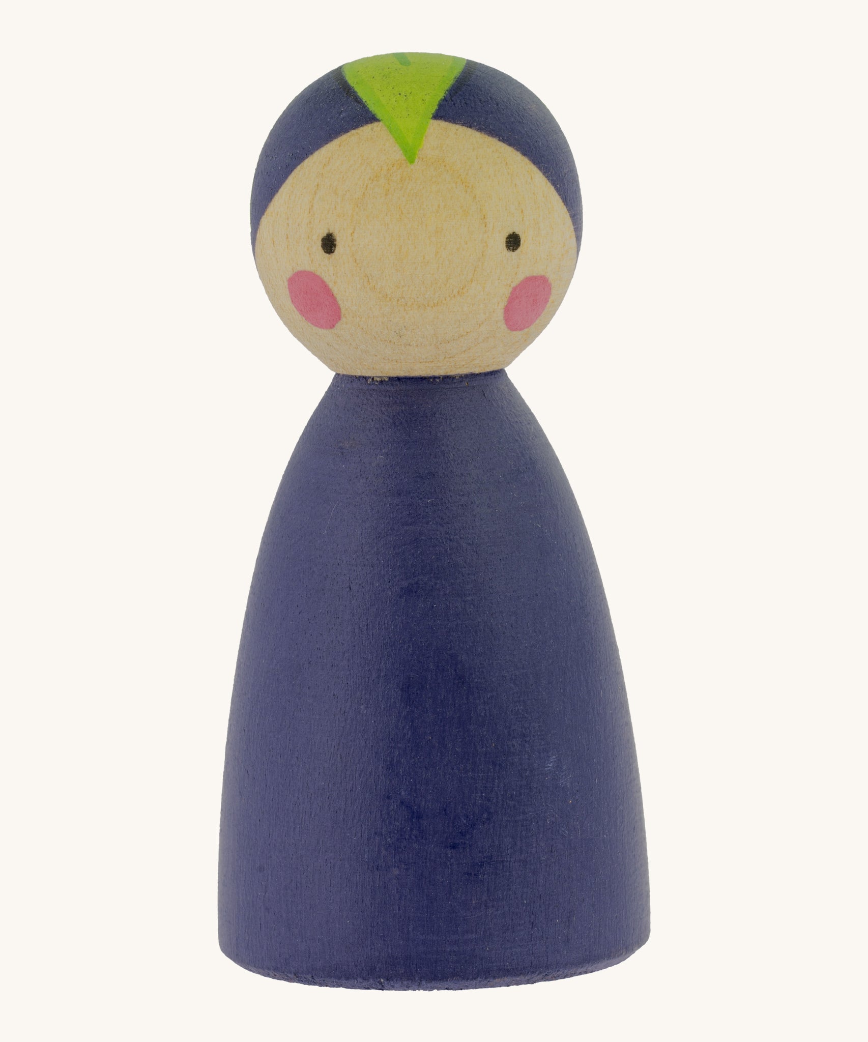 Peepul Aubergine Peg Doll, is a beautiful, hand painted peg doll with a purple body, a purple painted hat with green leaf, two small black dot eyes and two rosy cheeks. The image is on a cream background