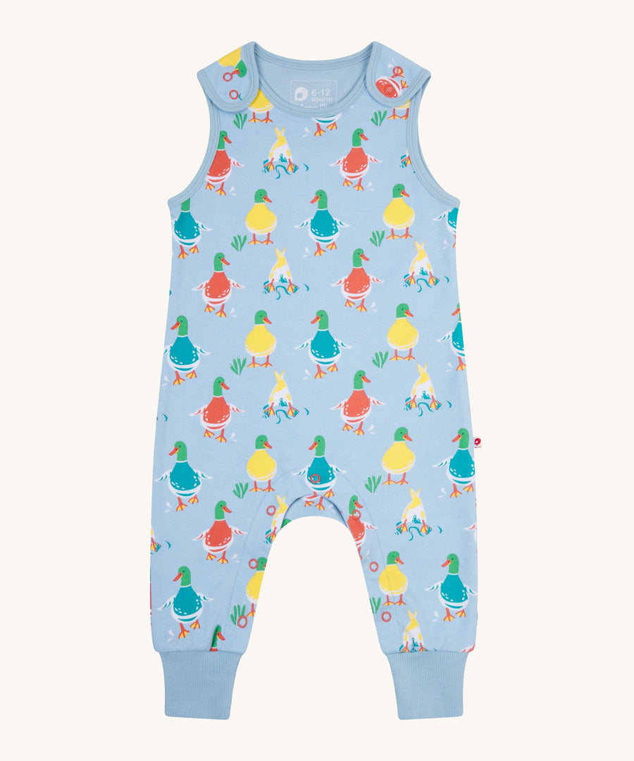 Piccalilly Duck Days Dungarees in a duck egg blue fabric, and colourful duck print