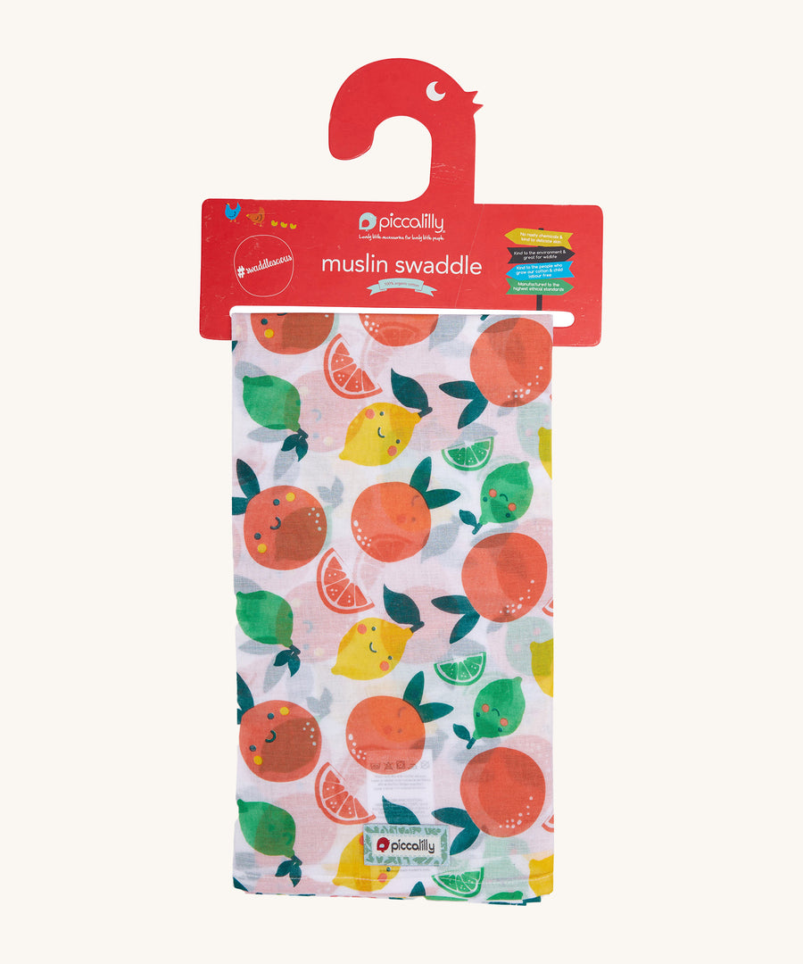 Piccalilly Citrus Muslin Swaddle with fun and colourful citrus fruit print