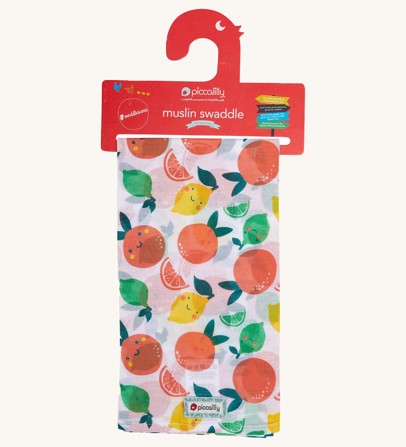 Piccalilly Citrus Muslin Swaddle with fun and colourful citrus fruit print