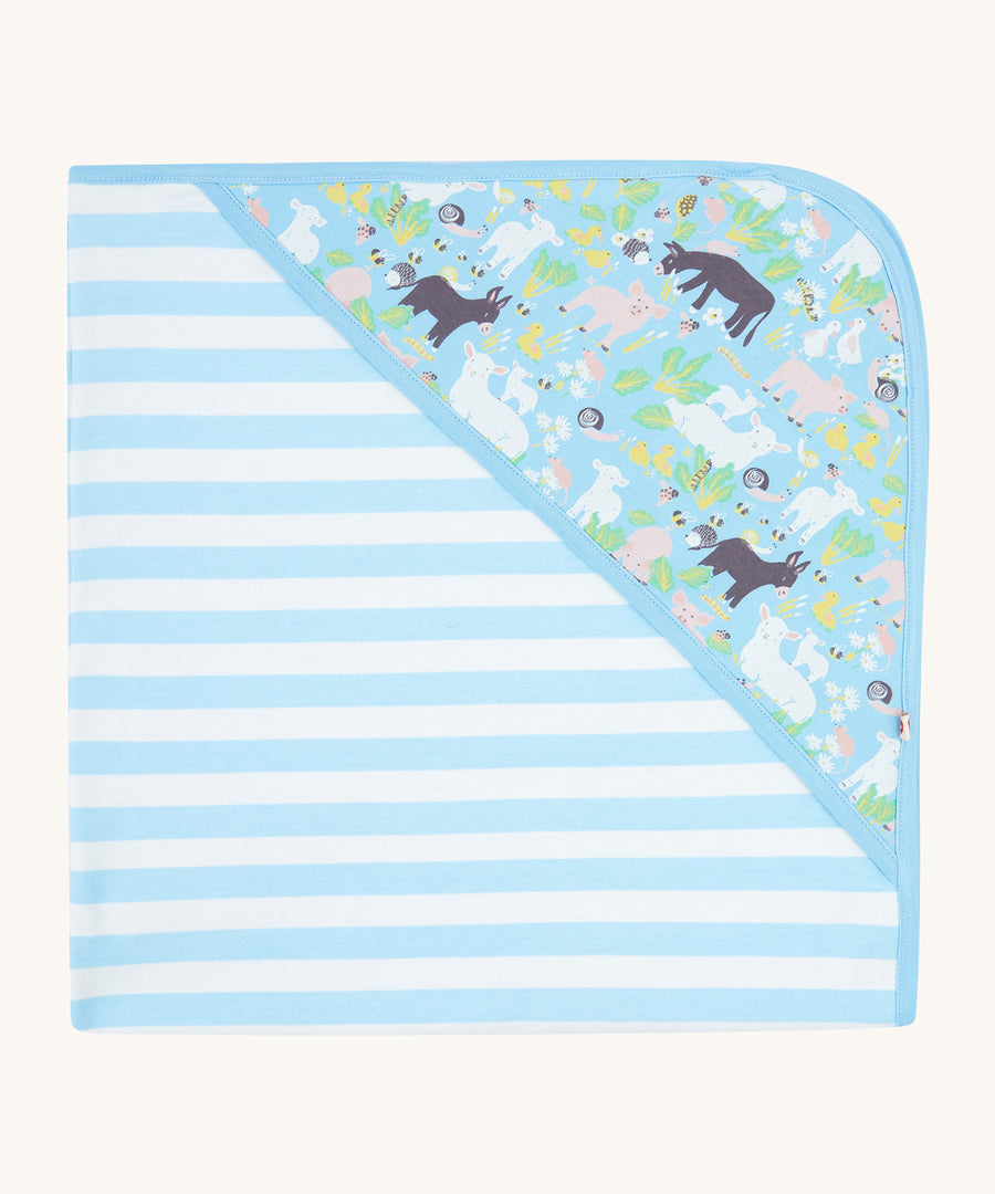 Piccalilly Country Friends Hooded Baby Shawl in white and light blue stripes, and a farmyard animal print hood