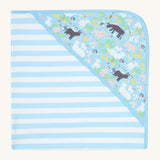 Piccalilly Country Friends Hooded Baby Shawl in white and light blue stripes, and a farmyard animal print hood