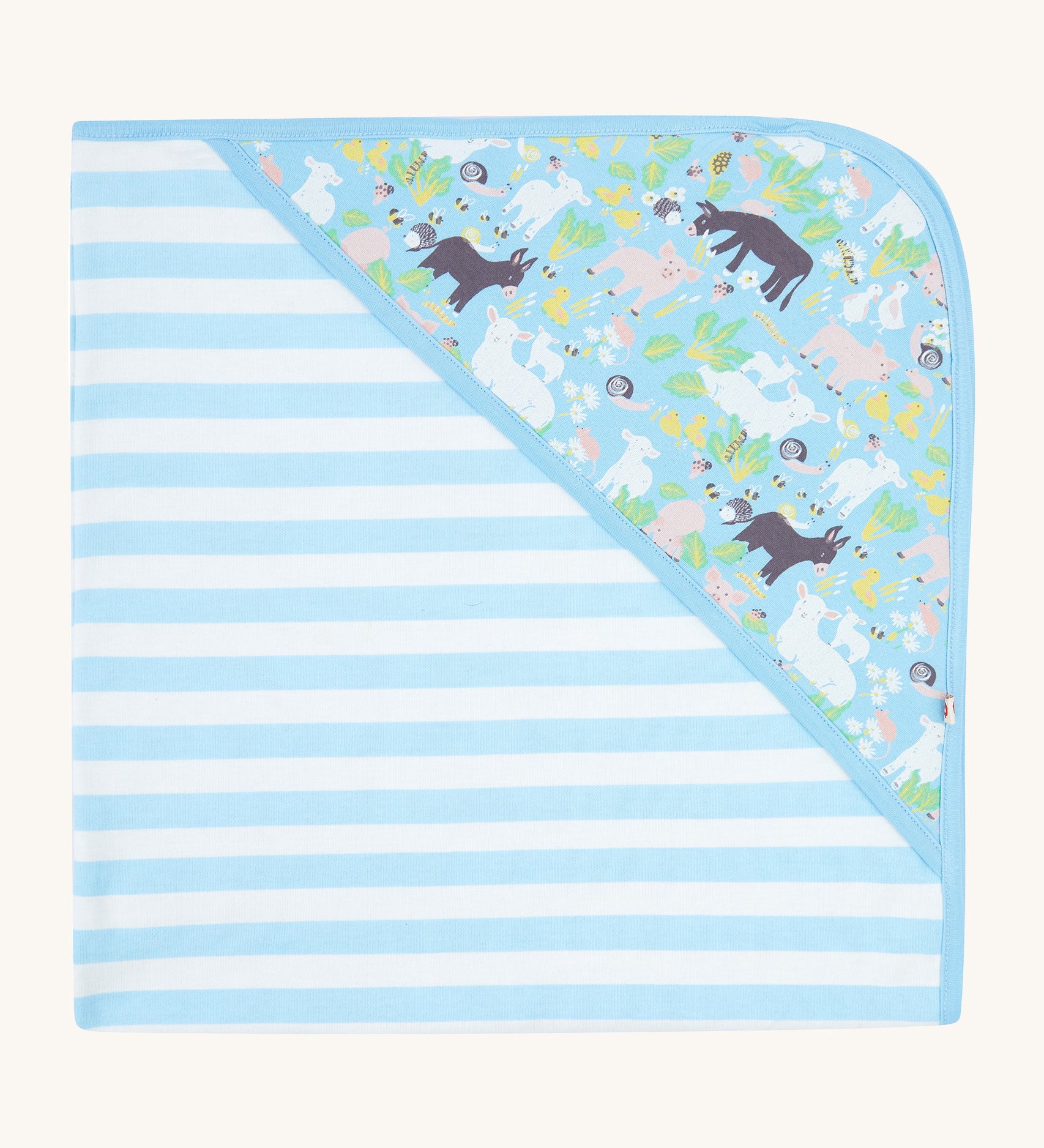 Piccalilly Country Friends Hooded Baby Shawl in white and light blue stripes, and a farmyard animal print hood