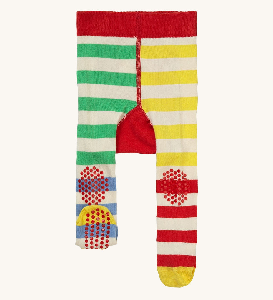 Piccalilly Hotchpotch Crawler Tights in bold, colourful stripes and gripping dots on the knees and feet