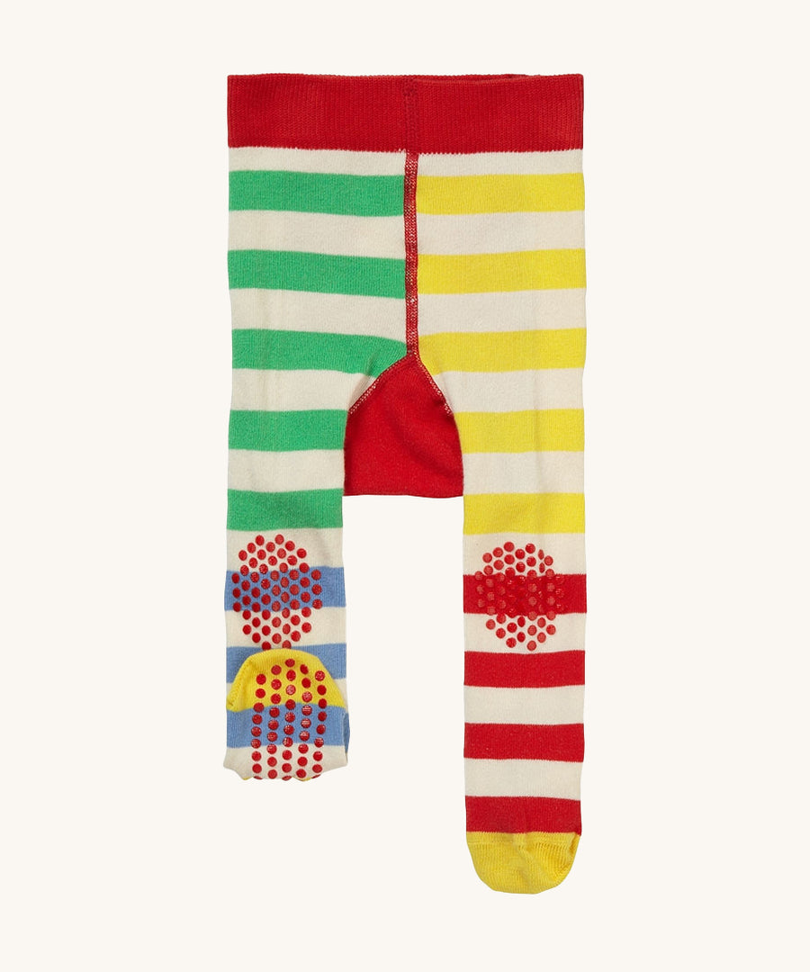 Piccalilly Hotchpotch Crawler Tights in bold, colourful stripes and gripping dots on the knees and feet