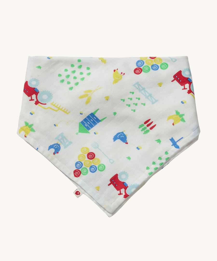 Piccalilly Farmyard Muslin Bandana Bib & Burp Cloth with farmyard animal and vehicle print on white fabric