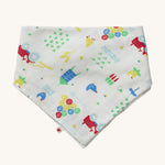 Piccalilly Farmyard Muslin Bandana Bib & Burp Cloth with farmyard animal and vehicle print on white fabric