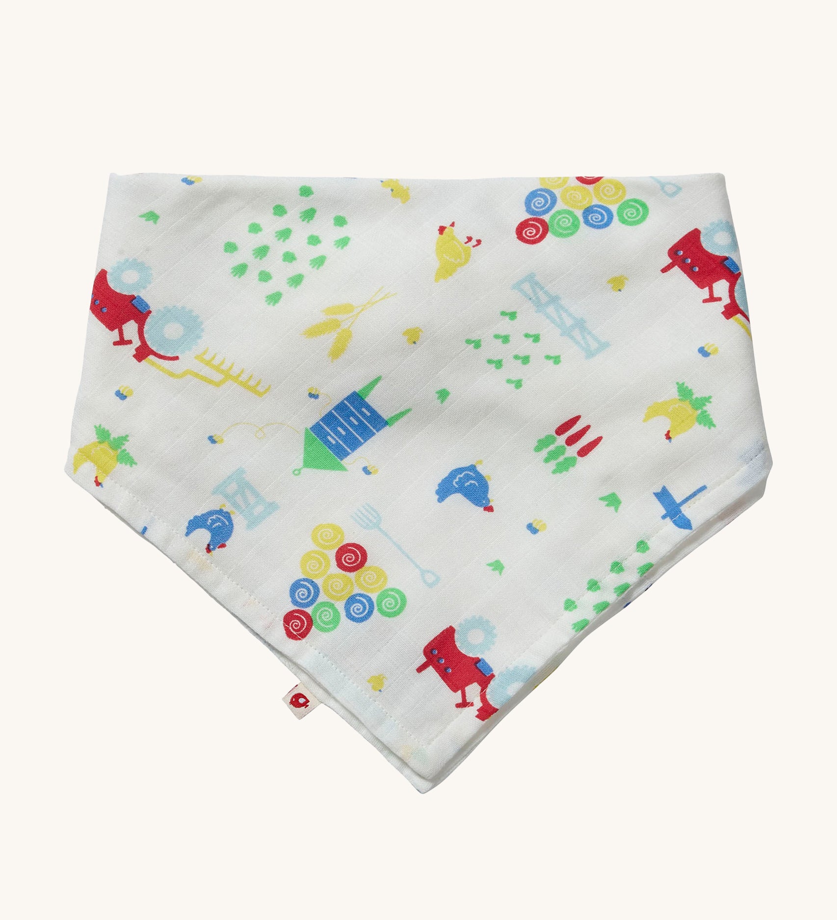 Piccalilly Farmyard Muslin Bandana Bib & Burp Cloth with farmyard animal and vehicle print on white fabric