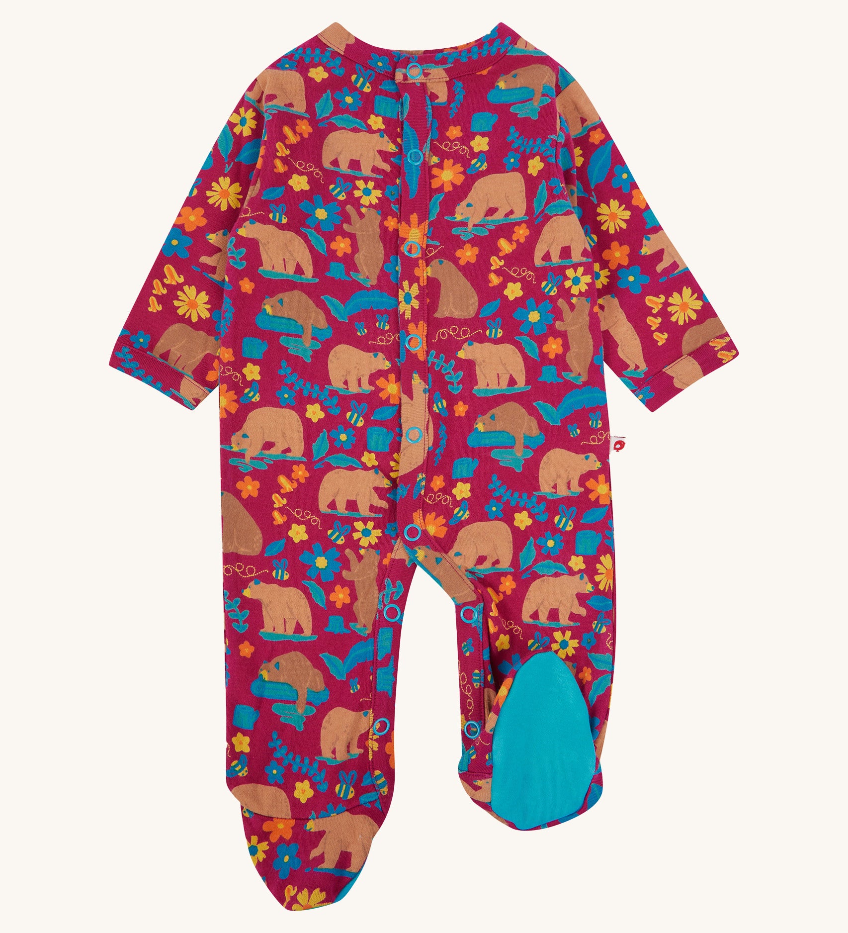 Piccalilly Honey Bear Footed Suit with beautiful vintage bear style print and blue foot fabric