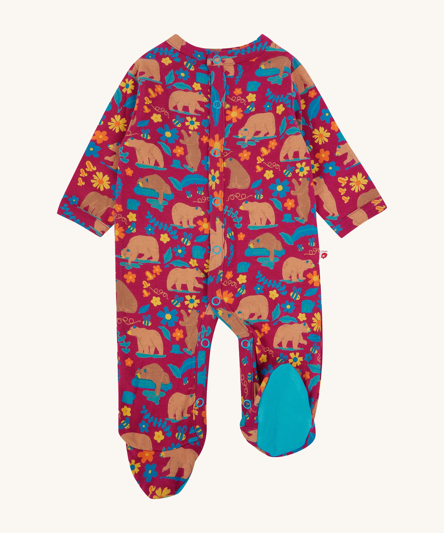 Piccalilly Honey Bear Footed Suit with beautiful vintage bear style print and blue foot fabric