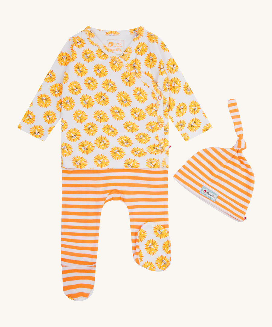 Piccalilly Lion 3 Piece Baby Set. Inclues a wrap around top with a cheerful lion print. Footed trousers with orange and white stripes, and a cheerful lion print footing. And an orange and white stripe hat