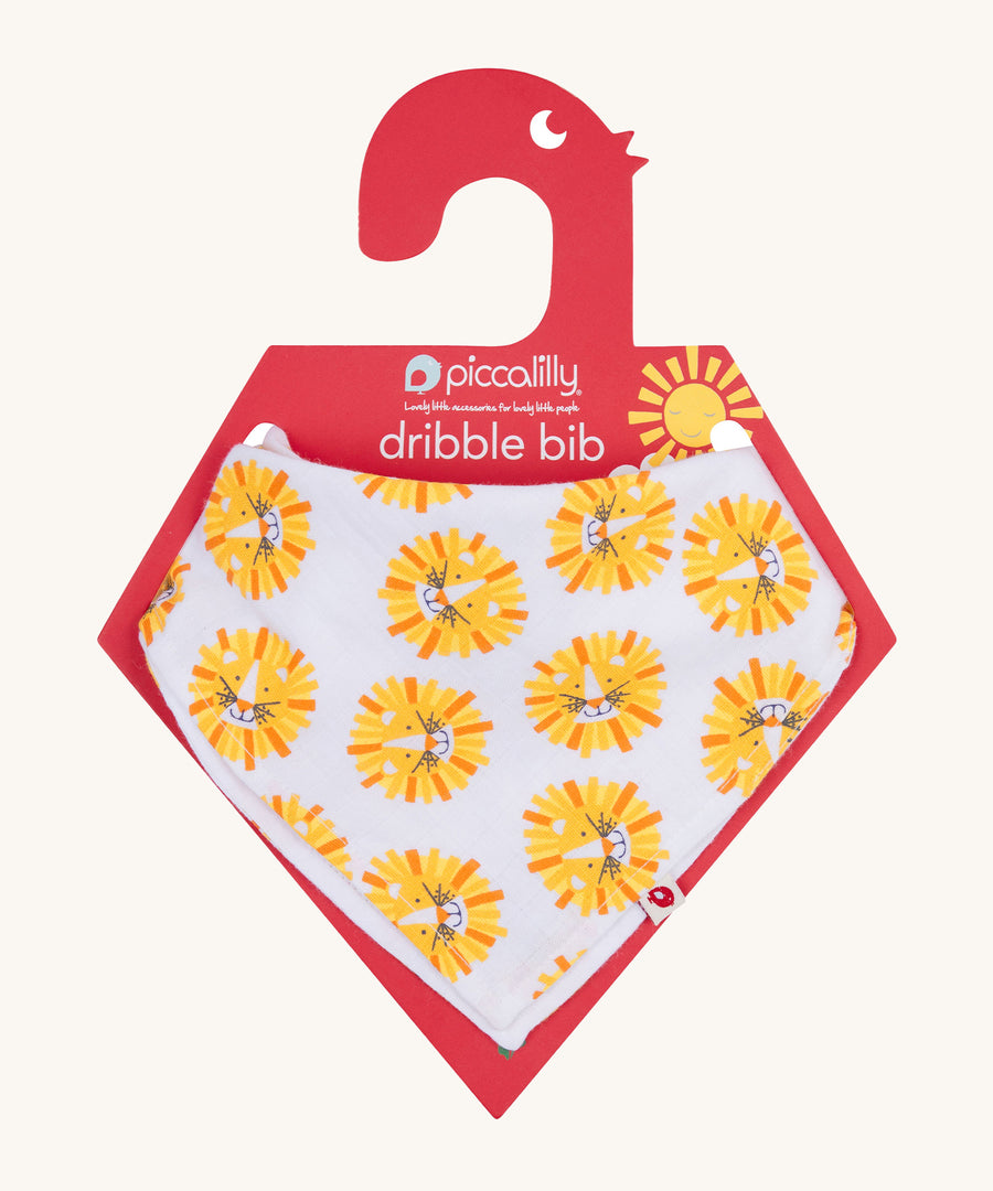 Piccalilly Lion Muslin Bandana Bib & Burp Cloth with fun and cheerful lion print on white fabric