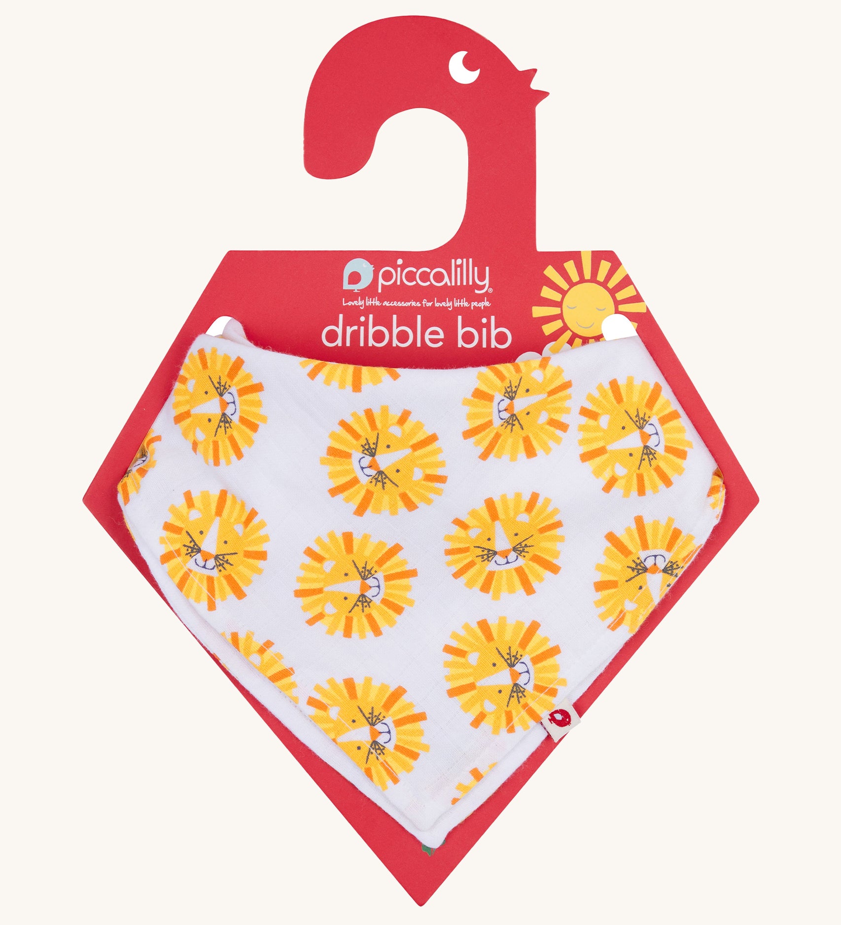 Piccalilly Lion Muslin Bandana Bib & Burp Cloth with fun and cheerful lion print on white fabric