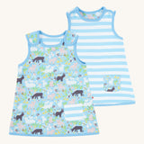 Piccalilly Country Friends Reversible Dress. One side is farm yard animals with a blue and white stripe pocket, the other is blue and white stripes with a farm yard animal print pocket